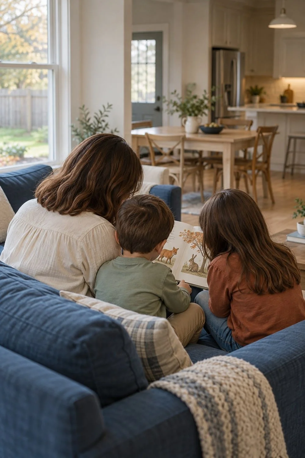 A parent and two children reading an open picture book on a blue couch, seen from behind.