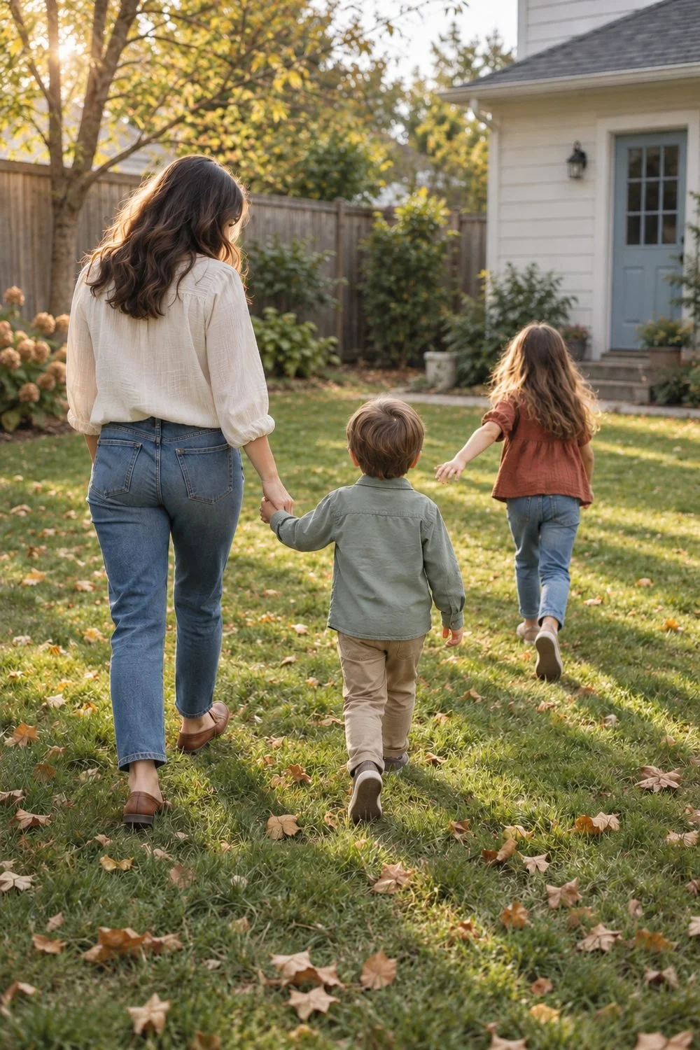 A mother holding her young child’s hand while an older child skips ahead through a fall yard in side light.