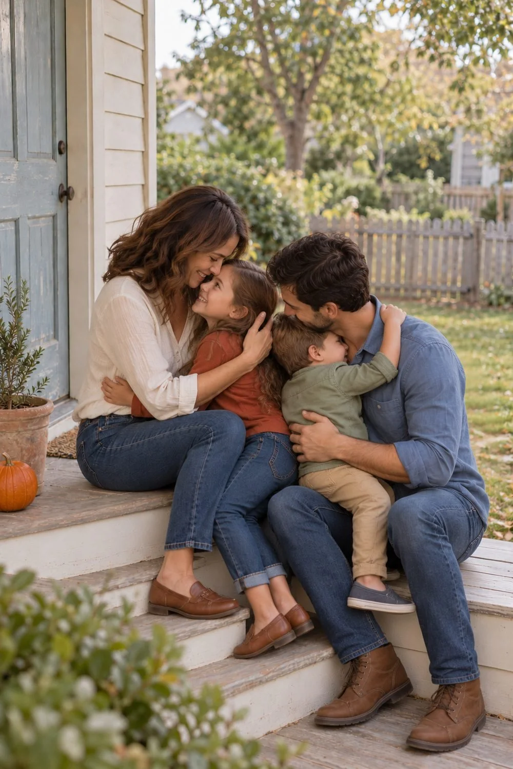 Parents and two children sharing a hug on porch steps, with parts of their smiling faces visible.