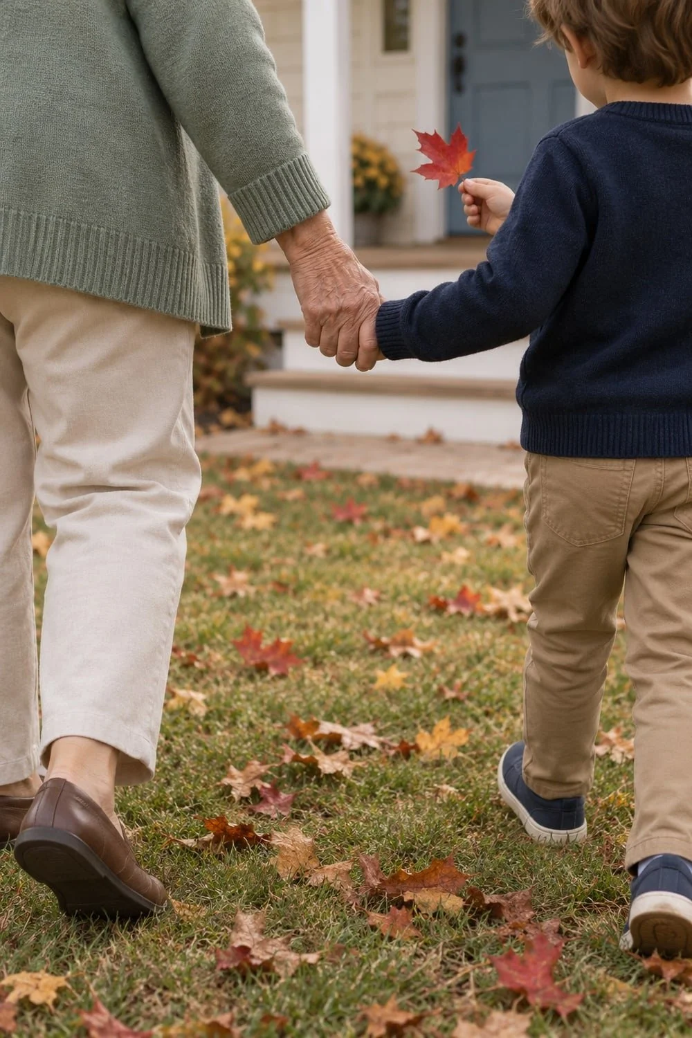 A grandparent and child walking hand in hand while the child holds a red leaf.
