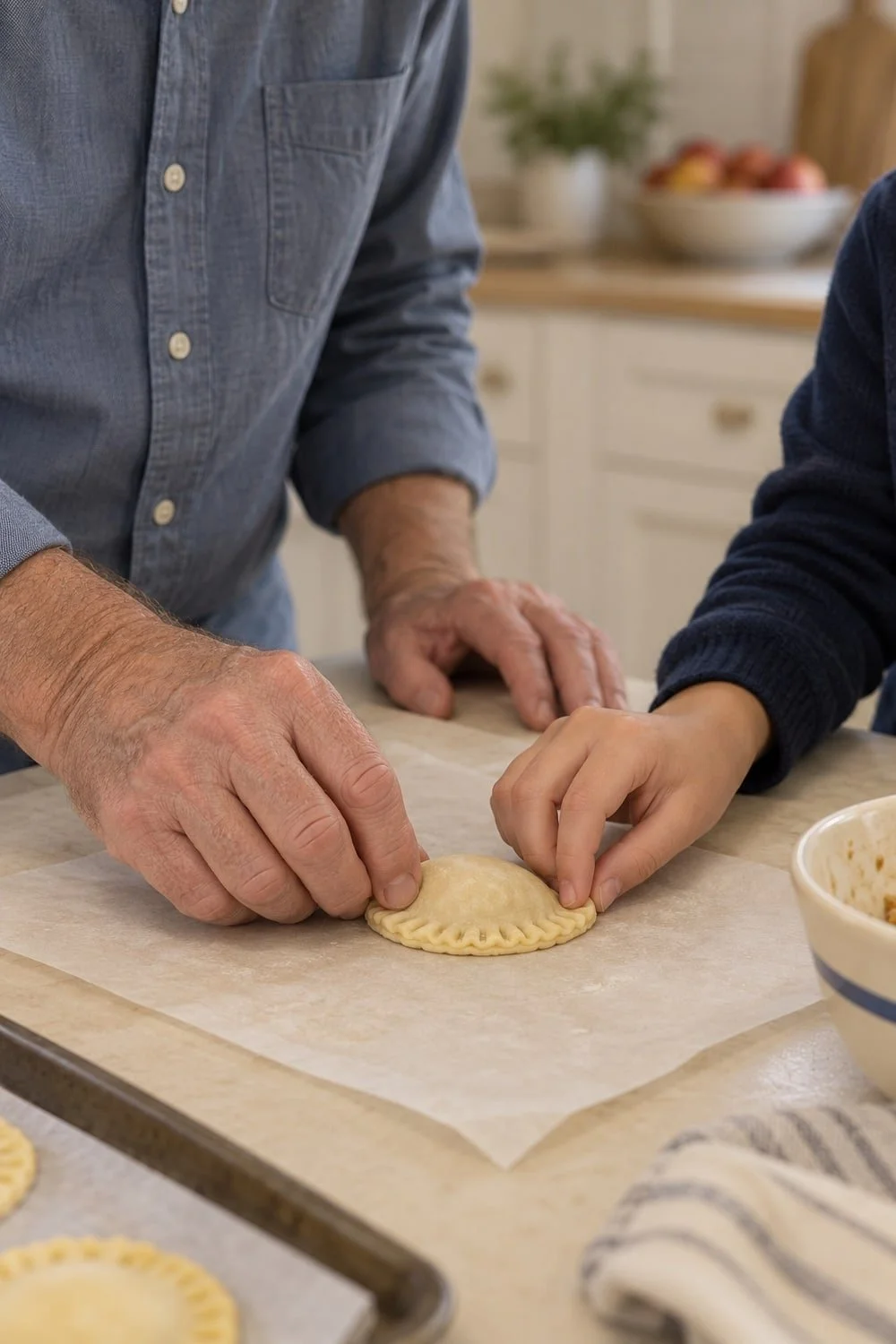 A grandparent and child pressing the edge of a small unbaked hand pie.