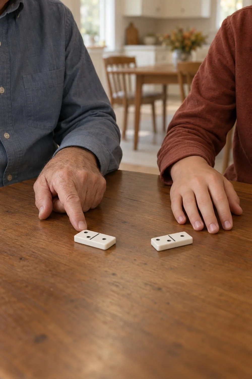 A grandparent and teen comparing two dominoes at a wooden table.