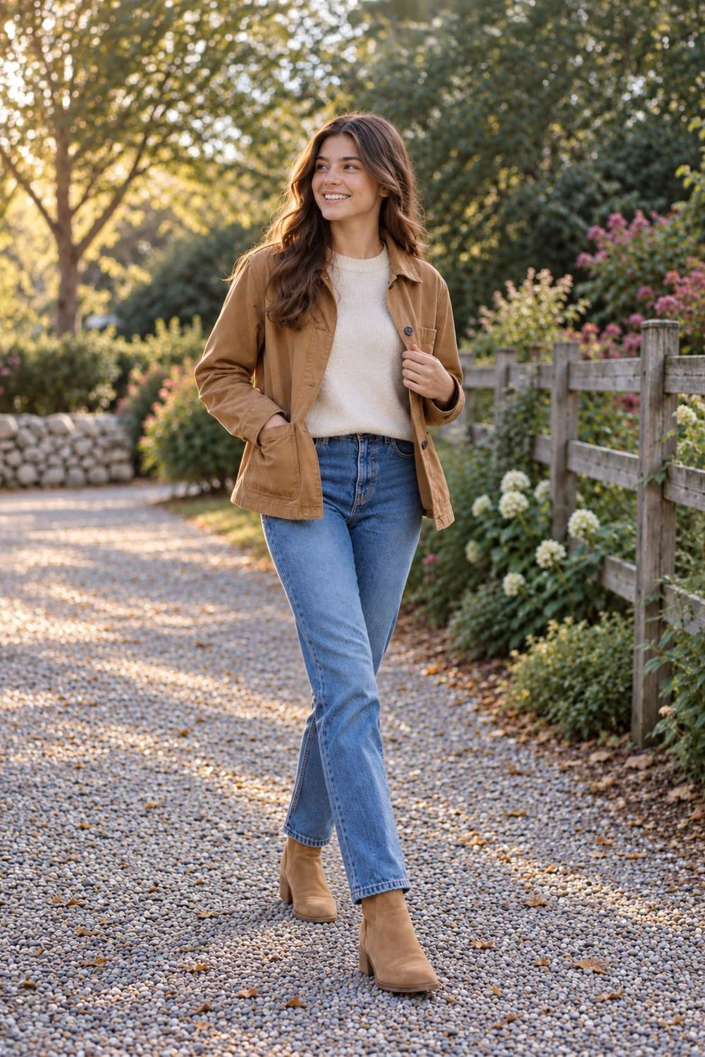 Cream knit and open camel jacket with straight jeans and tan ankle boots.