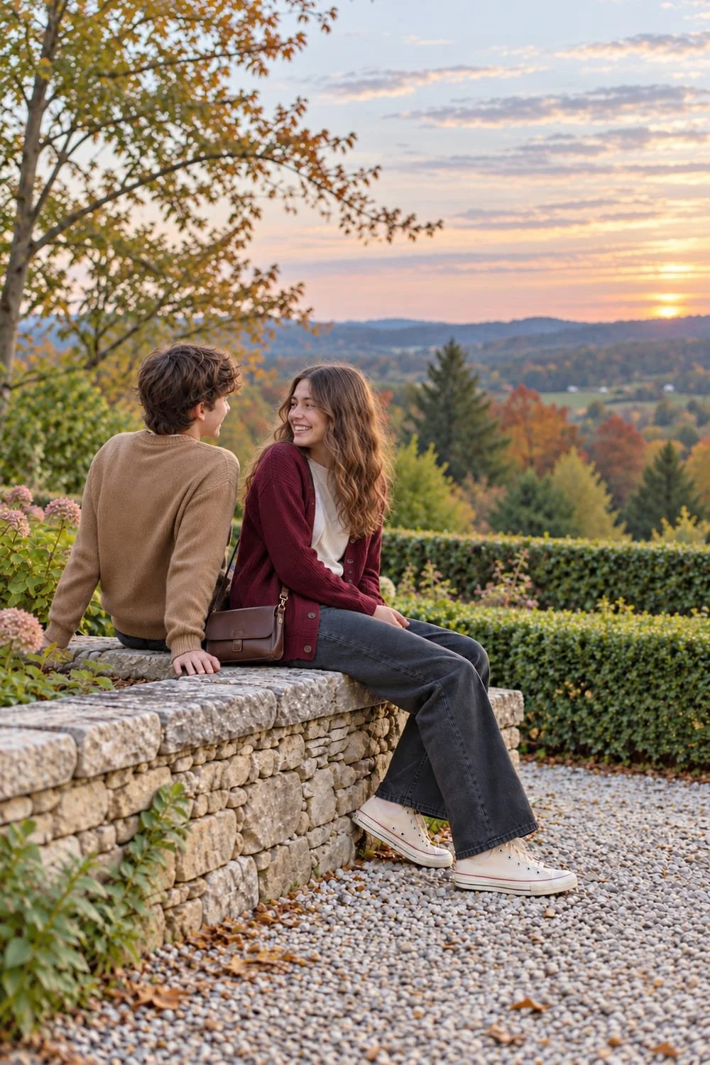 Burgundy cardigan, dark relaxed jeans, cream canvas sneakers, and a brown bag beside a camel knit.