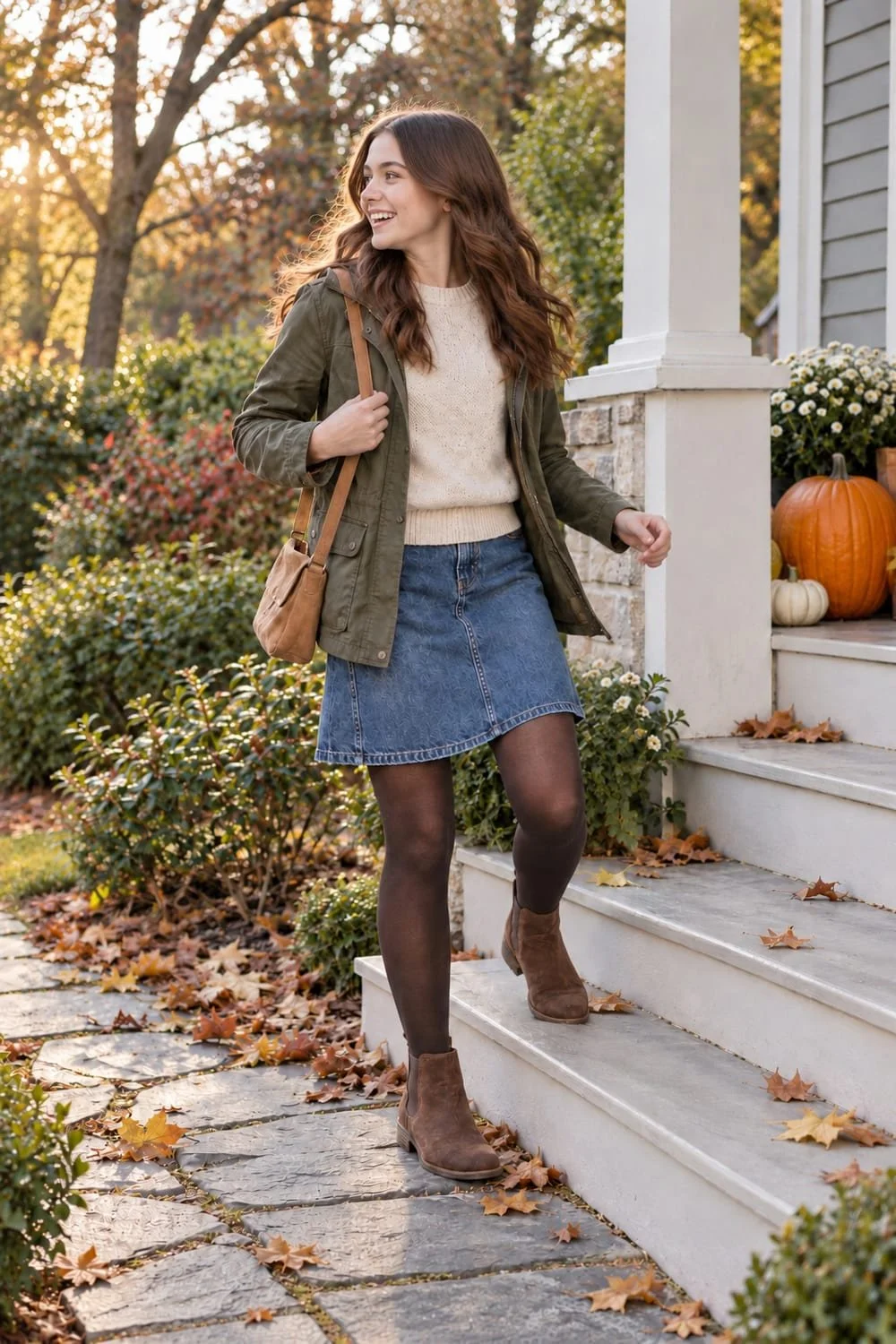 Oat knit, denim skirt, brown tights and ankle boots, with an olive jacket and tan bag.