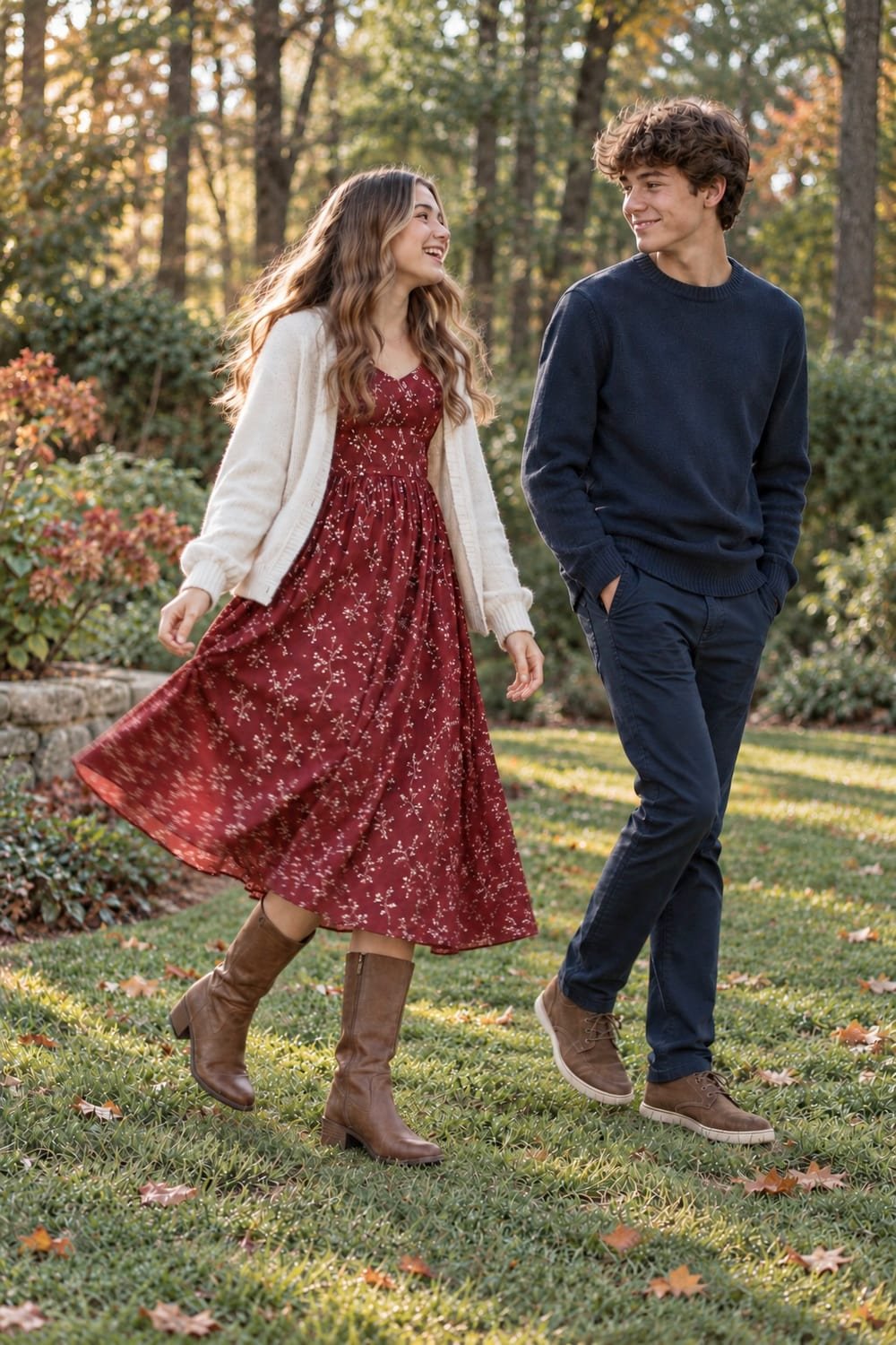Burgundy floral midi dress with an open cream cardigan and brown tall boots.