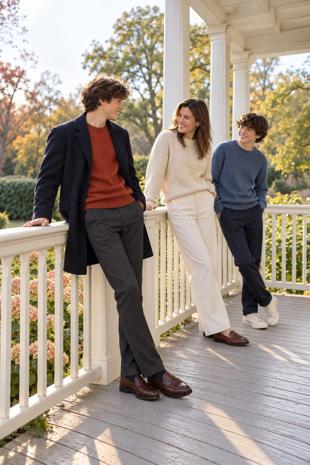 Rust sweater and charcoal trousers with a navy coat and brown loafers beside cream and muted blue.