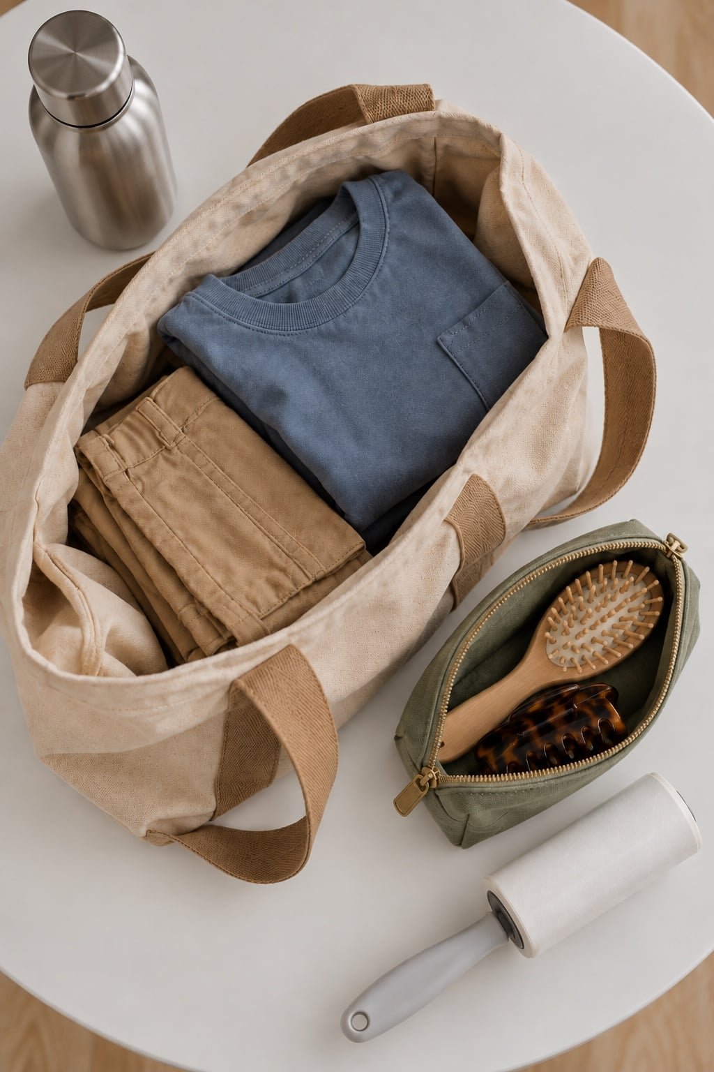 An overhead view of a canvas bag, spare clothes, water bottle and hair-supply pouch.