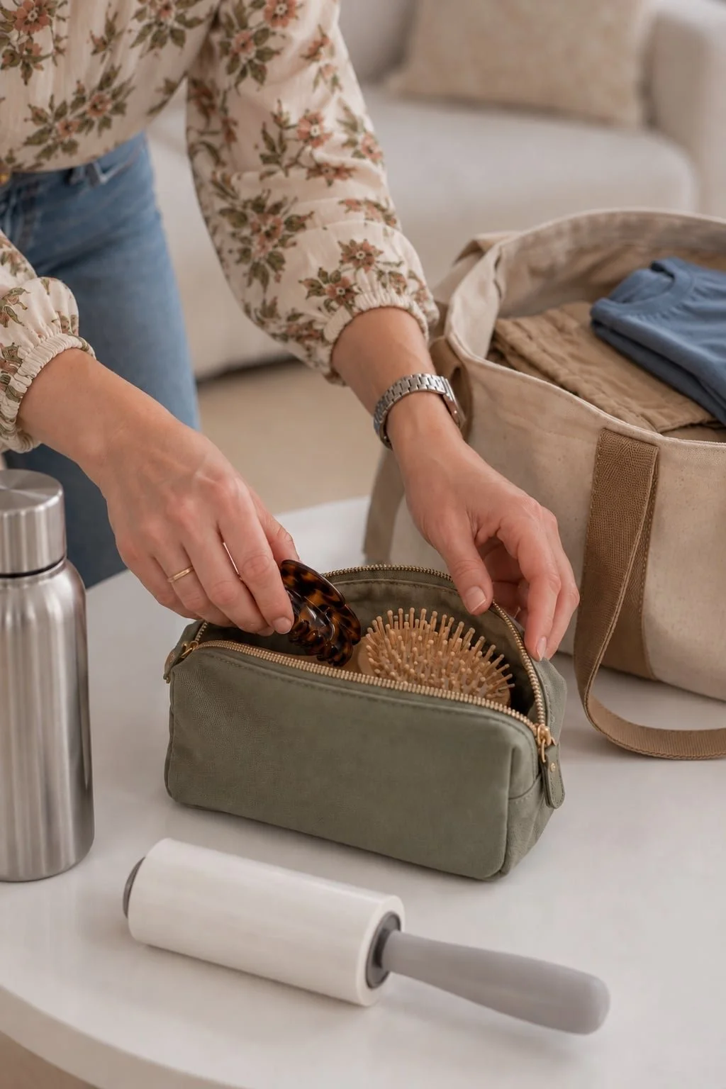 Hands placing a tortoise hair clip beside a wooden brush in a sage pouch.