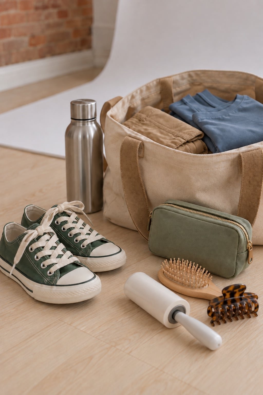 Green child sneakers, spare clothes, a water bottle and care supplies packed for photos.