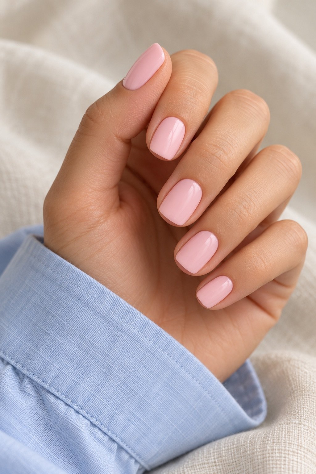 A hand with glossy short pink nails curls loosely above a pale blue shirt cuff and cream fabric.
