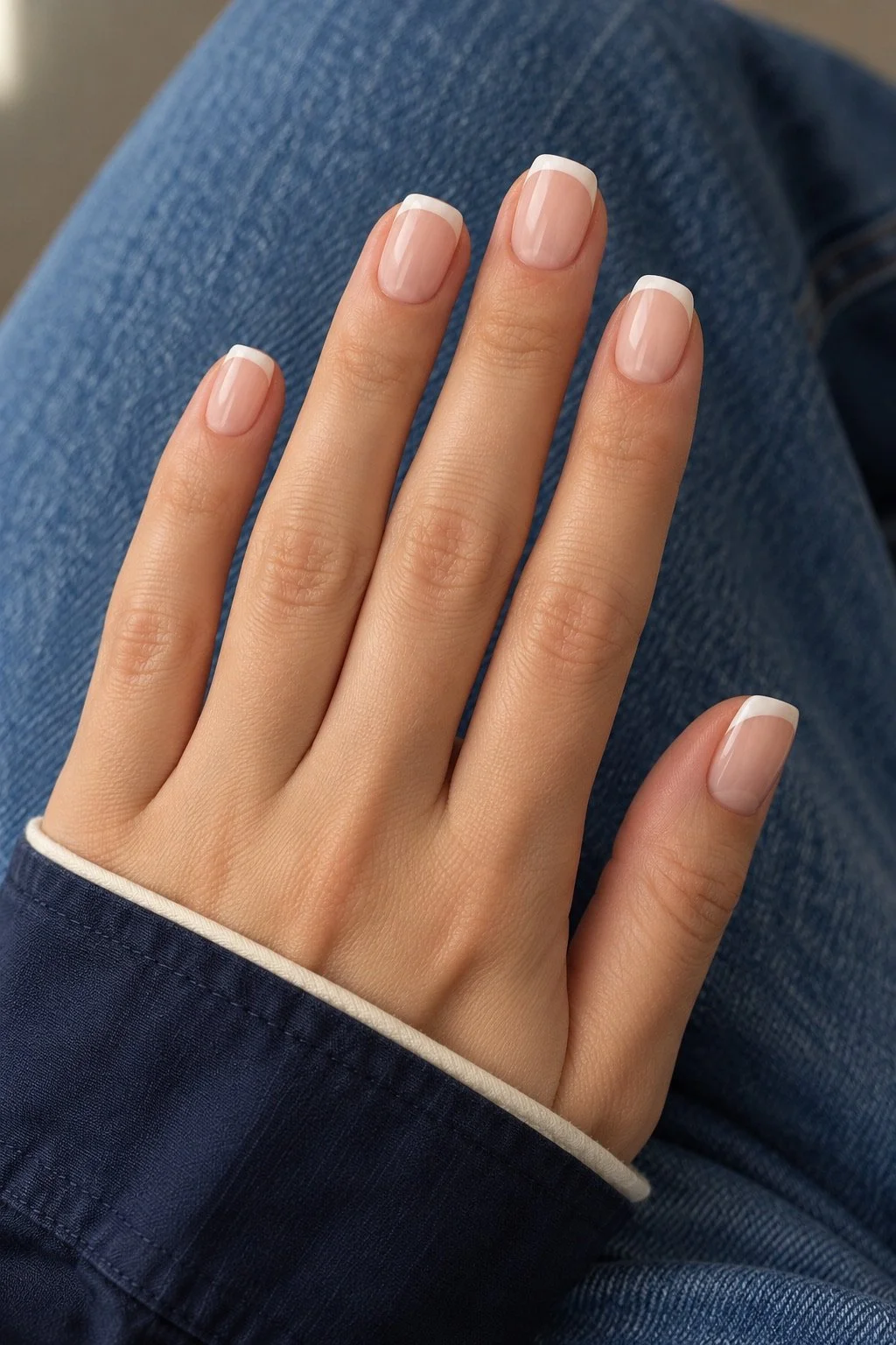 A hand with short neutral nails and white French tips rests above denim with a navy cuff.