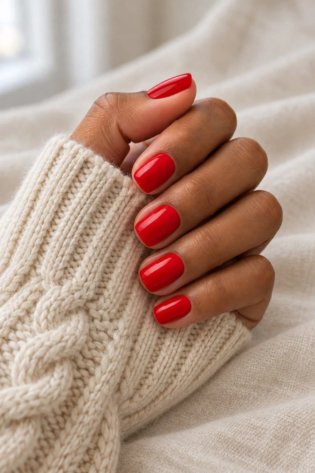 A hand with short glossy red nails holds a cream sweater sleeve against soft cream linen.
