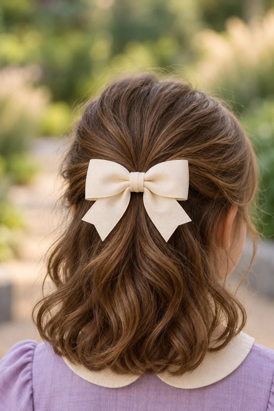 Rear view of a girl turning her head slightly, with a cream bow in her half-up hair