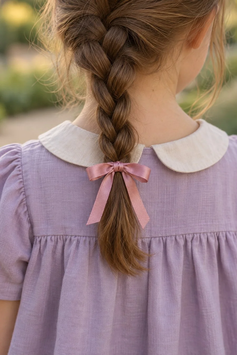A rose satin ribbon tied at the end of a braid as a girl turns her head slightly