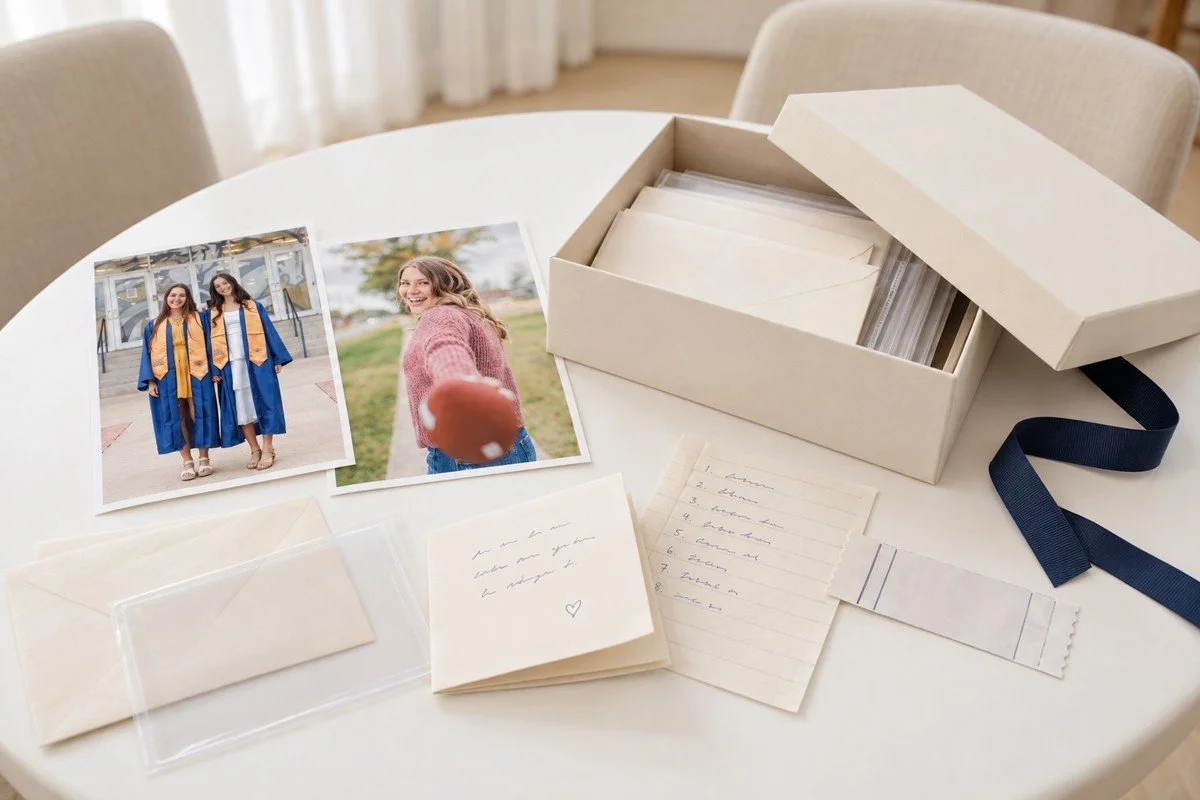 Senior photo prints, notes, and an open keepsake box on the Studio table.