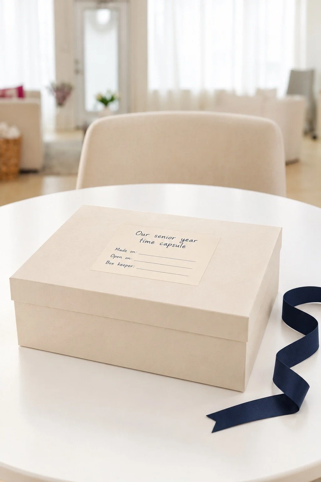 A closed cream keepsake box with a blank label on the Studio table.