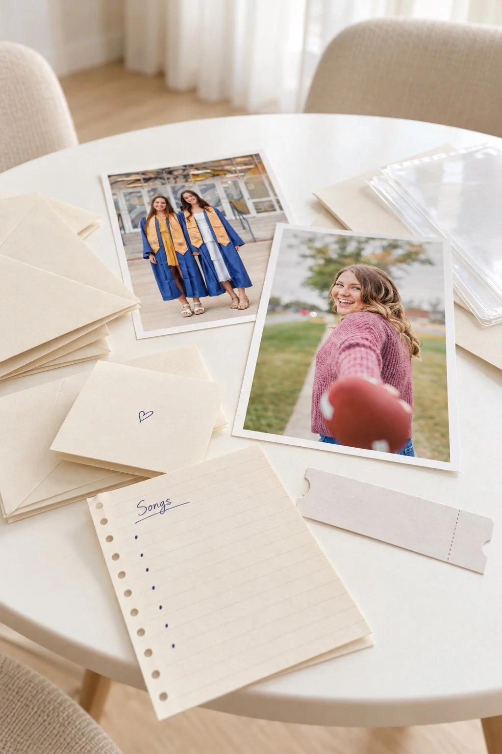 Senior photo prints, folded notes, and a song list laid out on the Studio table.