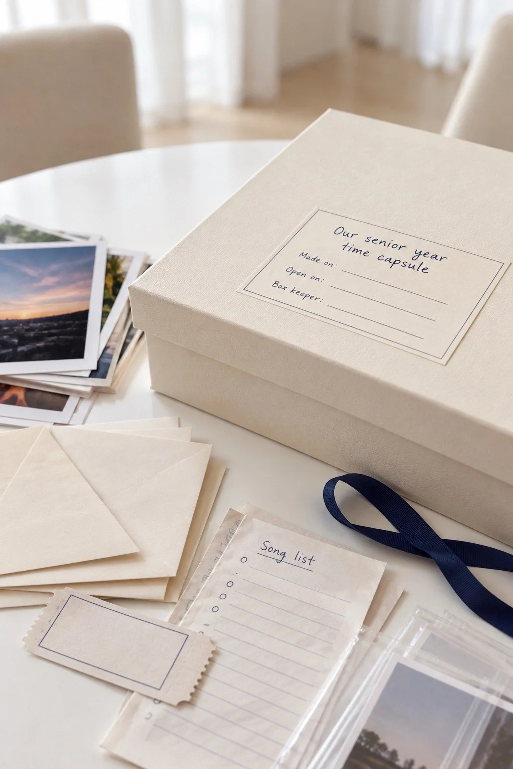 A time capsule label with blank date and box keeper fields on a cream box.