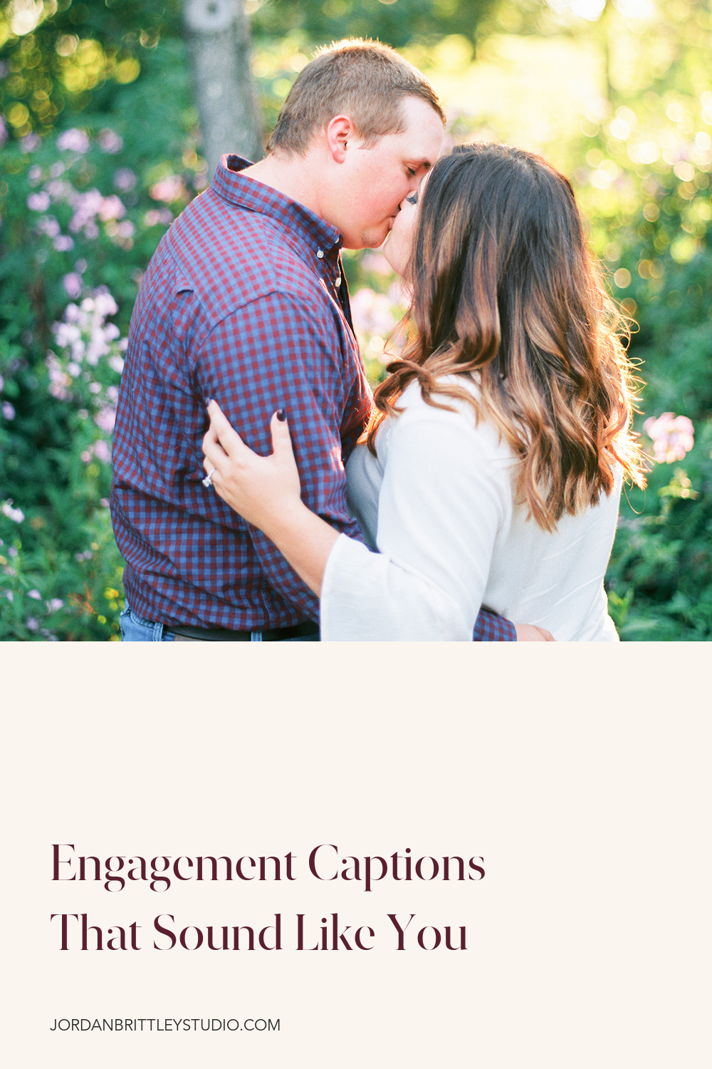 Pinterest graphic for Engagement Captions That Sound Like You with an outdoor engagement photo and burgundy text.