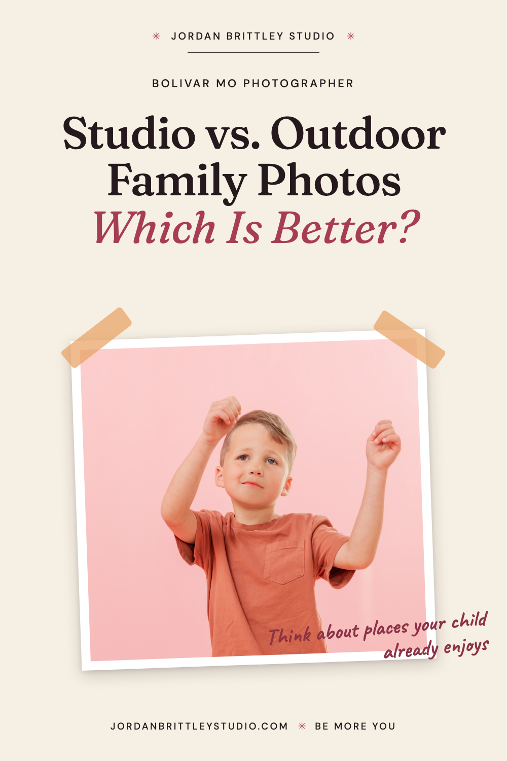 A child playing in the Studio against a pink backdrop, with the title Studio vs. Outdoor Family Photos.