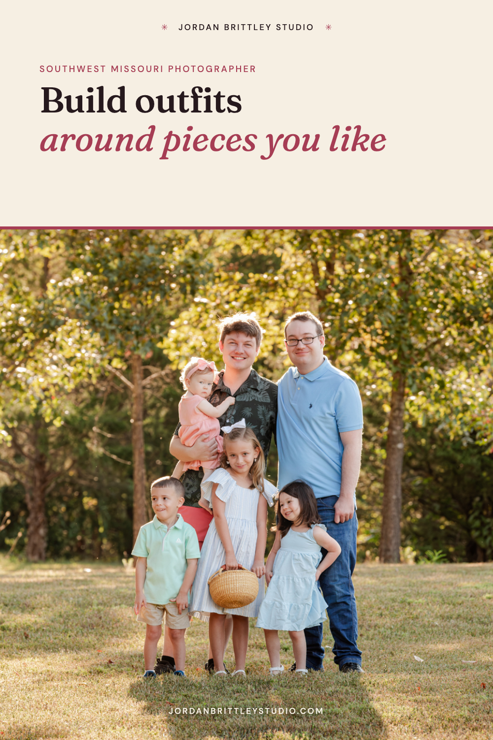 Family standing together outdoors beneath trees, with the tip to build outfits around pieces you like.
