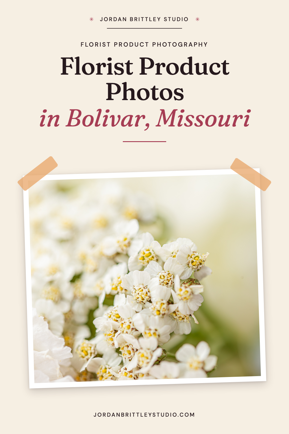 Florist product photography title graphic with white flowers photographed by Jordan Brittley Studio.