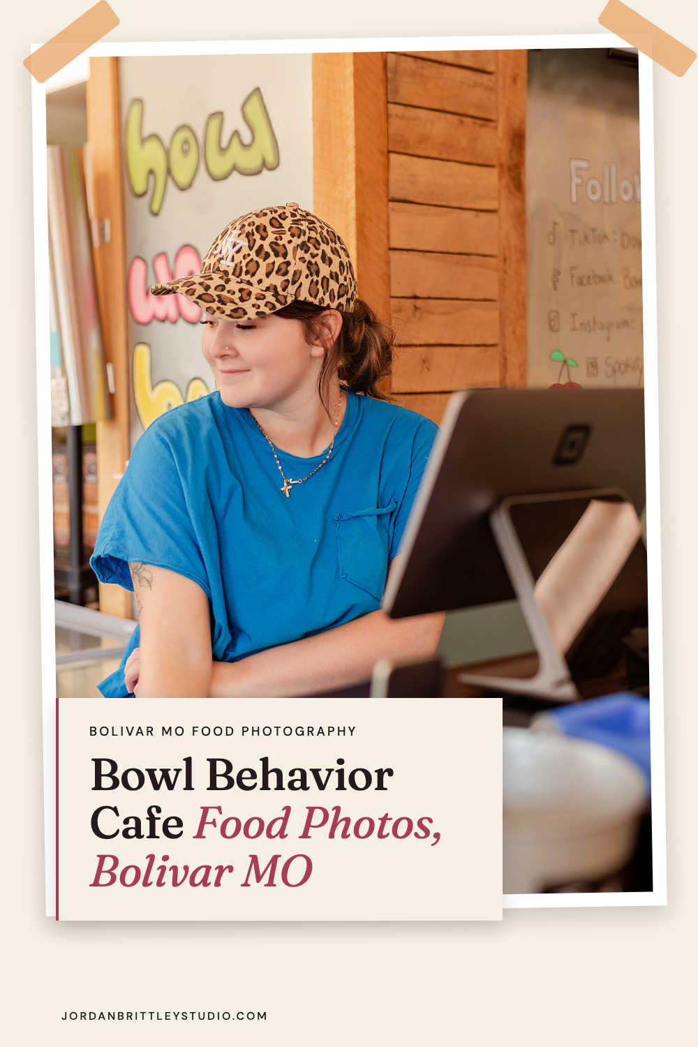 Bowl Behavior team member at the cafe counter in Bolivar, Missouri, with the title Bowl Behavior Cafe Food Photos.