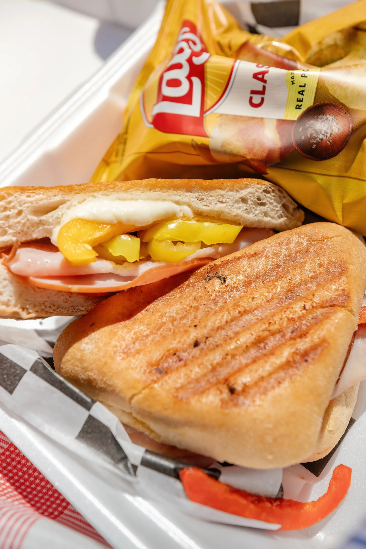 Toasted sandwich and potato chips packed for a picnic lunch.