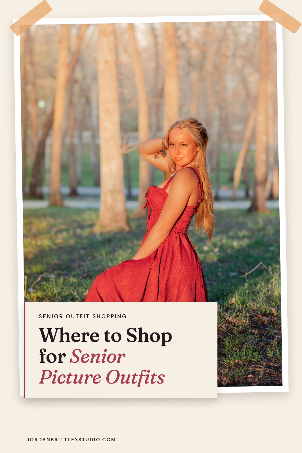 Where to shop for senior picture outfits graphic with a senior in a red dress among trees.