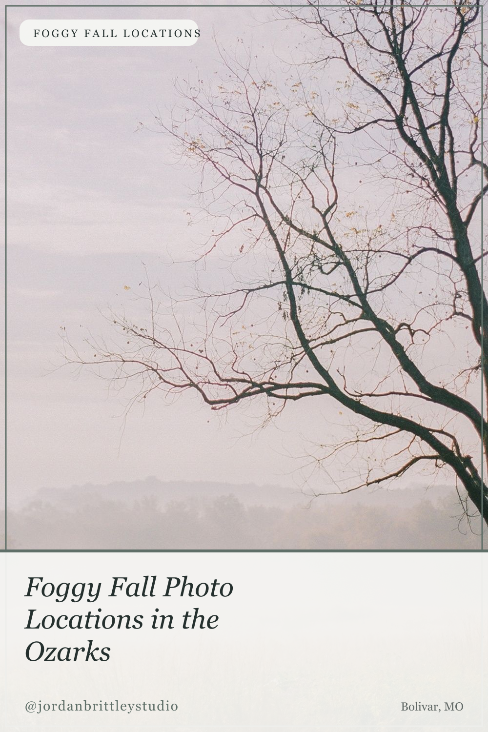 Foggy fall morning over the fields around Bolivar, Missouri, with the post title.