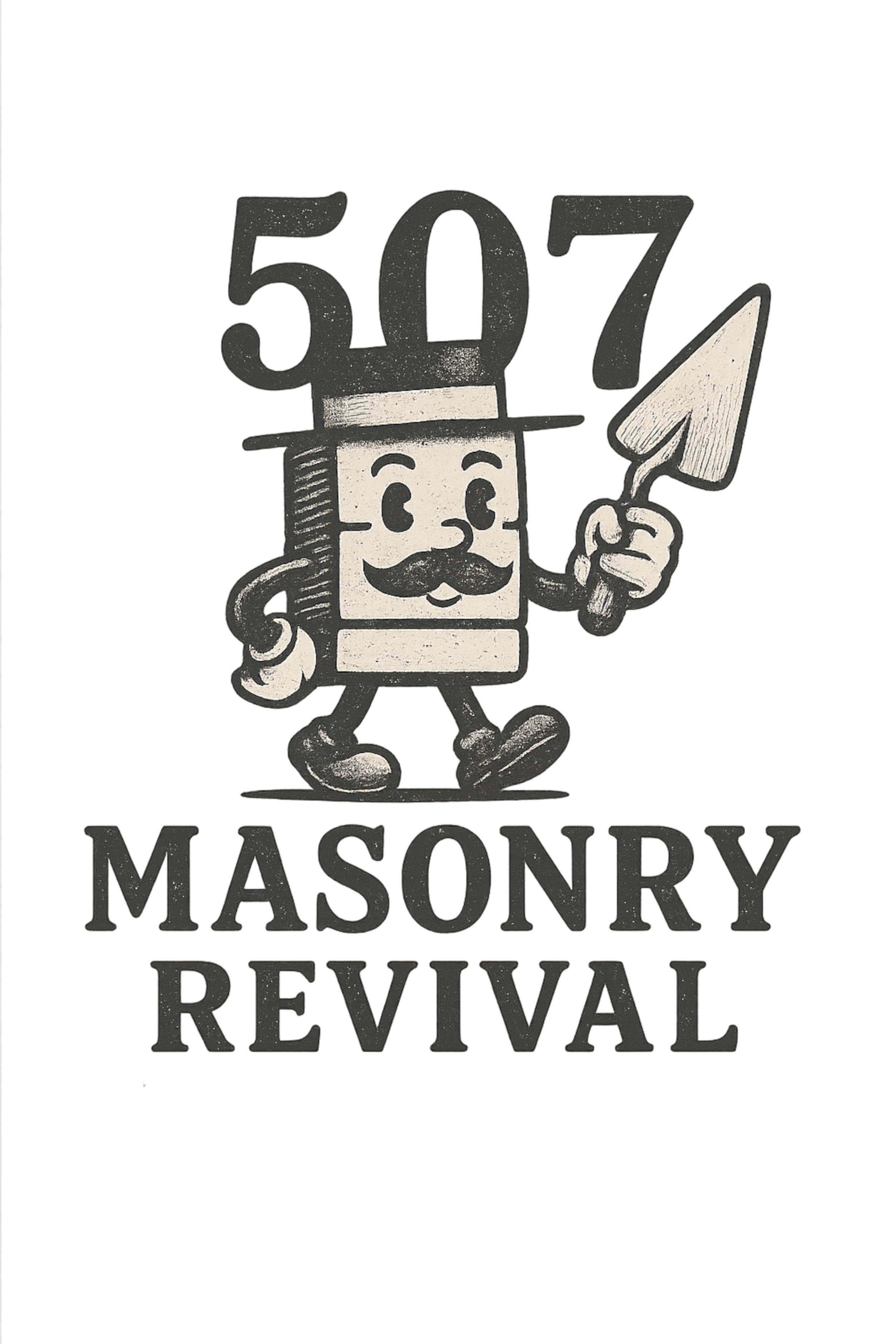 Illustration of a cartoon mortarboard with a face, mustache, and glasses, holding a trowel, with the words '507' and 'MASONRY REVIVAL' below.