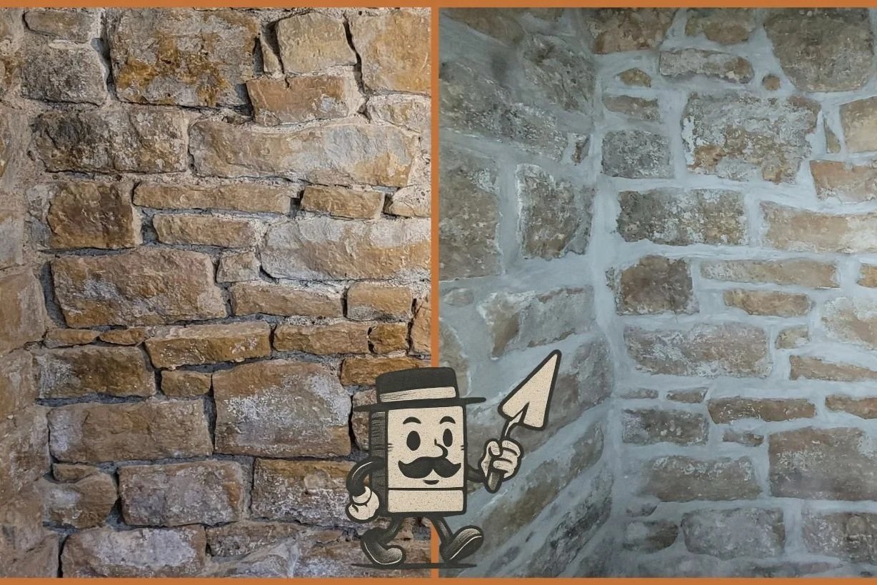 Before & After of basement wall. Left side shows mortar crumbling and falling out of the wall, right side shows new mortar in place and foundation stones re-secured