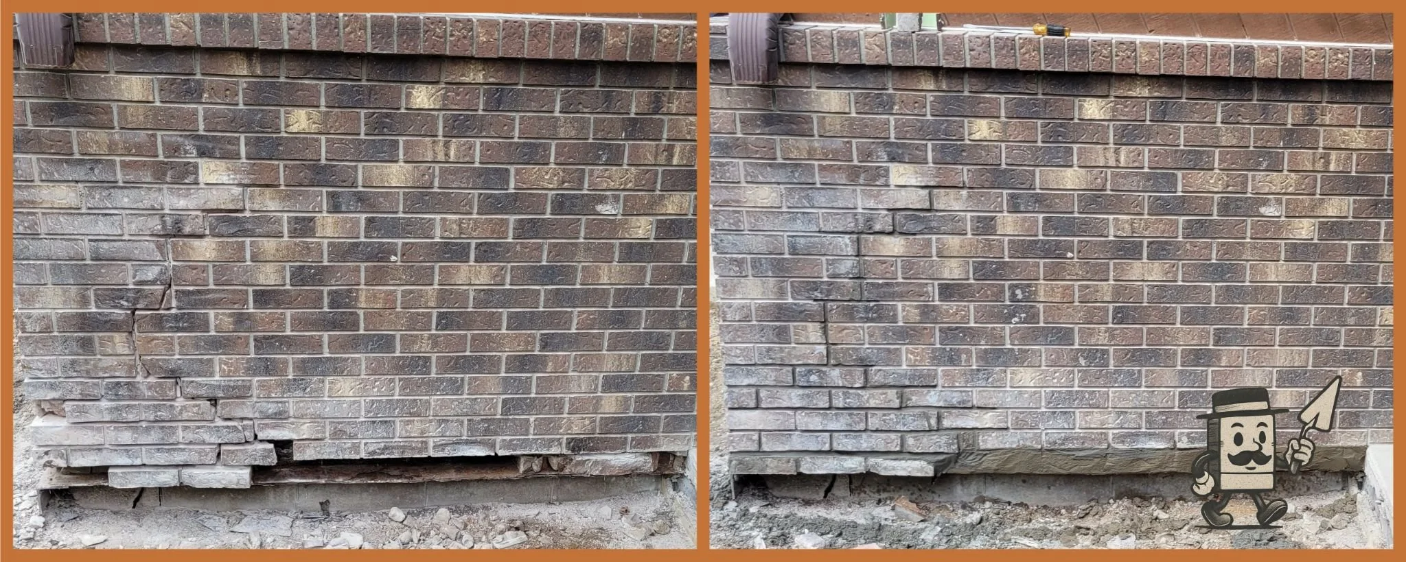 Before and after of a veneer wall on a garage. Before shows a settlement crack with missing bricks on the bottom due to removal of a concrete apron. After shows repaired settlement crack with broken bricks replaced.