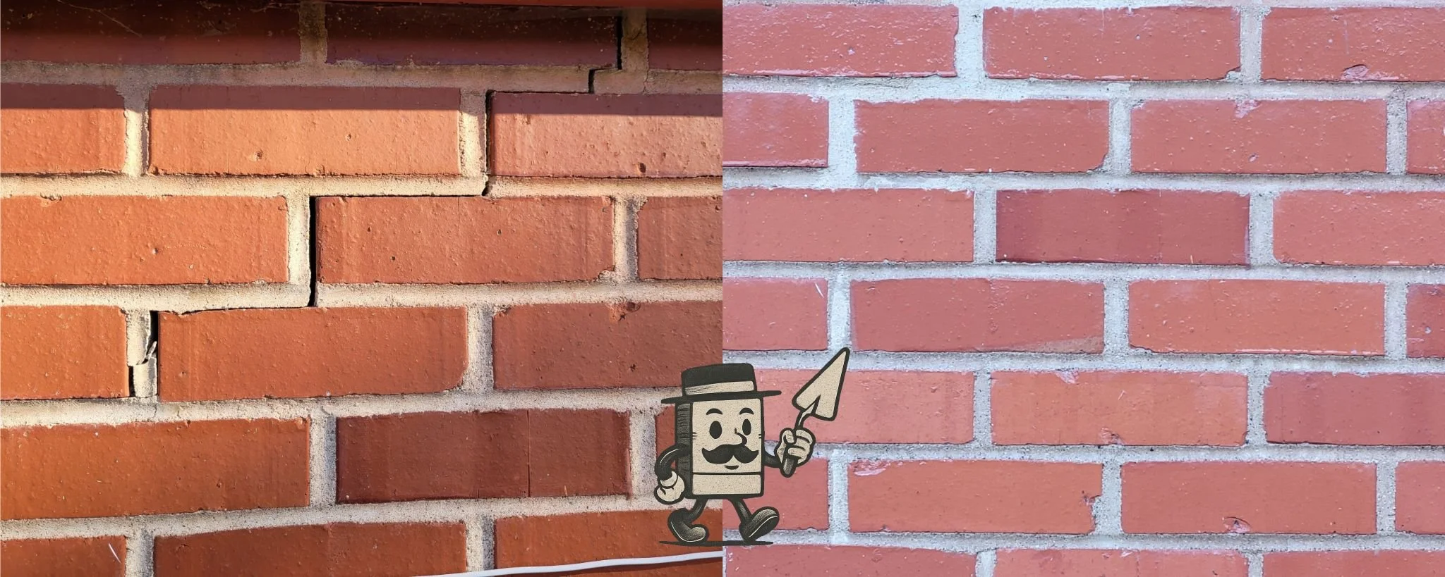 Before and after of settlement crack in brick. before shows typical crack through the mortar from age and settling, after shows mortar replaced and all bricks resecured
