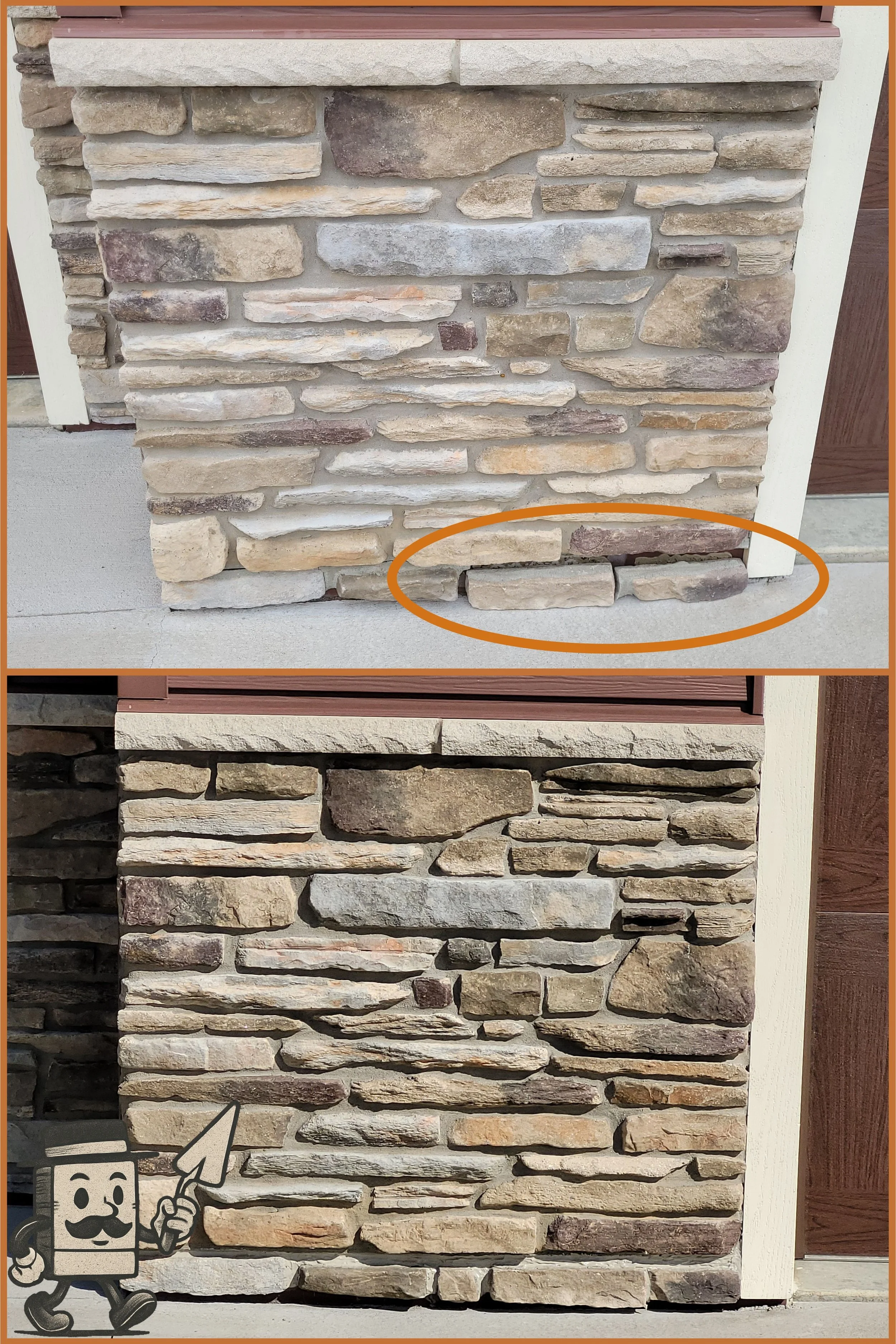 Before and After of stone veneer repair. Before (top) shows missing stones, After (Bottom) shows repaired veneer, no missing stones, all securely attached to the house.