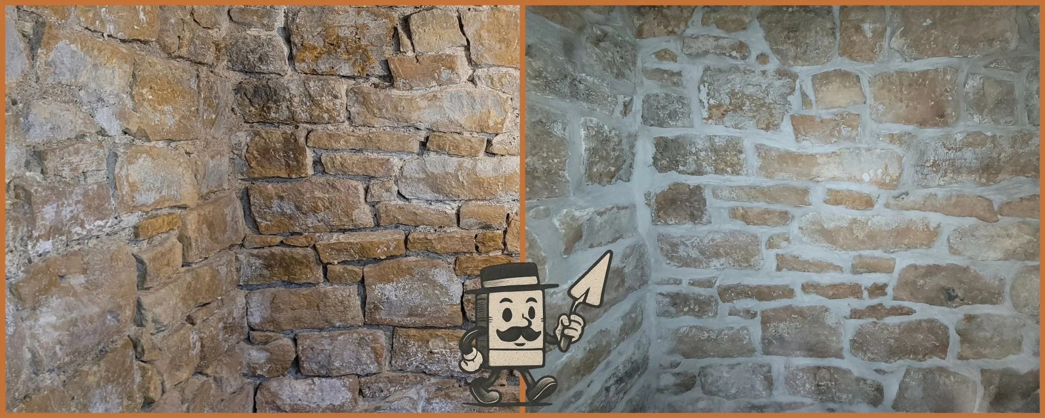 Before and After of mortar repair in Kasota stone basement. Before shows missing mortar and loose joints, after shows replaced mortar and stone foundation secured.