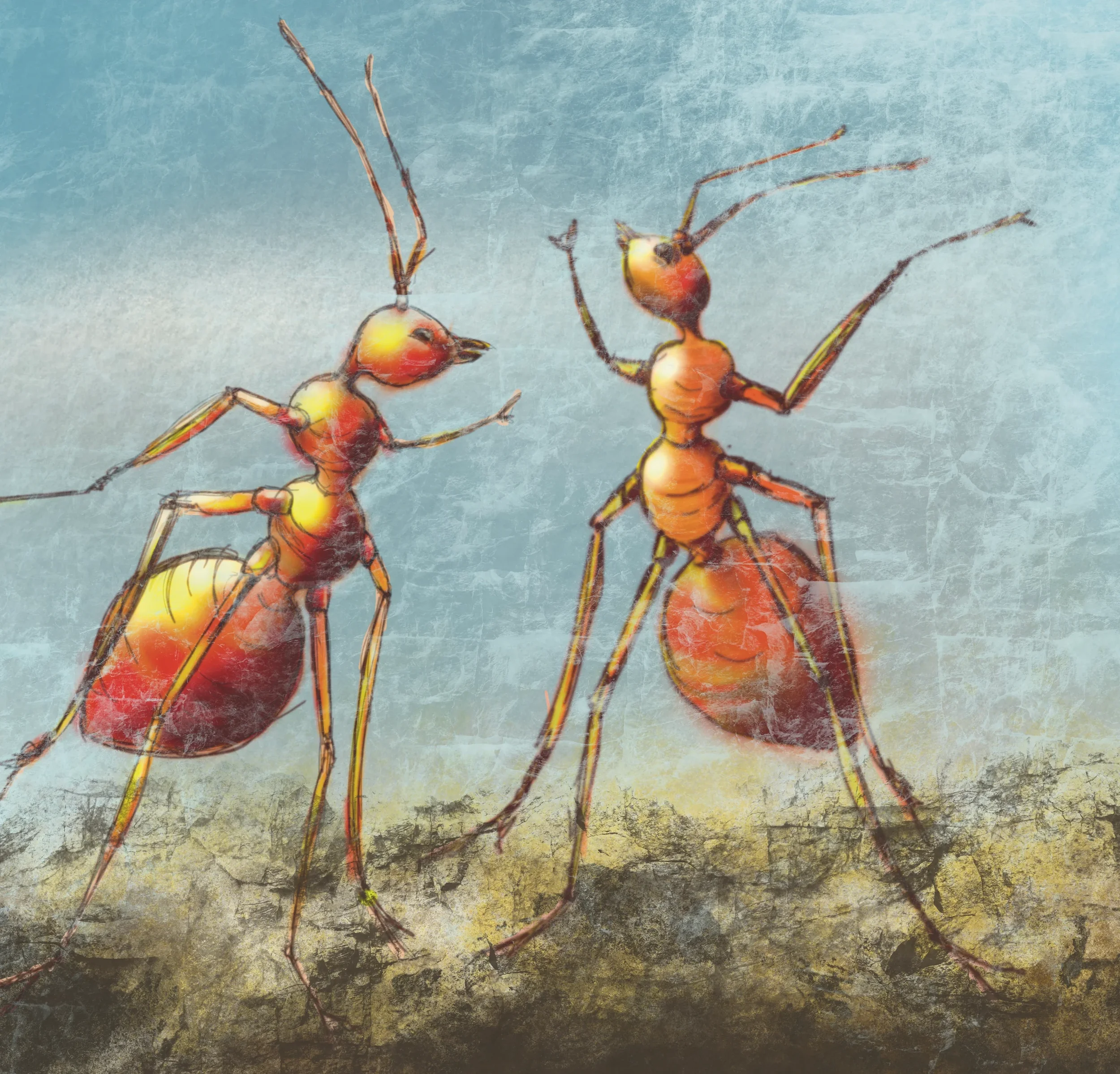 Künstlerische Darstellung von zwei roten Ameisen auf einer Erde mit einem blauen Himmel im Hintergrund.