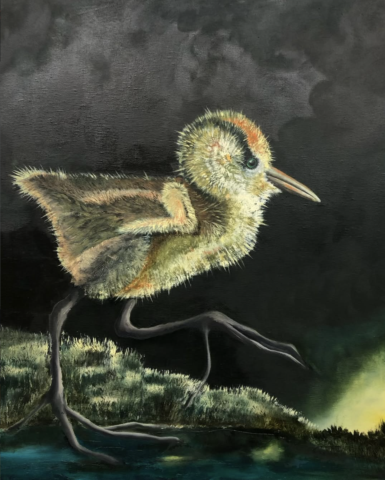 Ein Fahrrad mit schwarzen Rahmen, weißen Reifen, gelbem Lenker und Sattel, steht im Grünen an einem Baum.