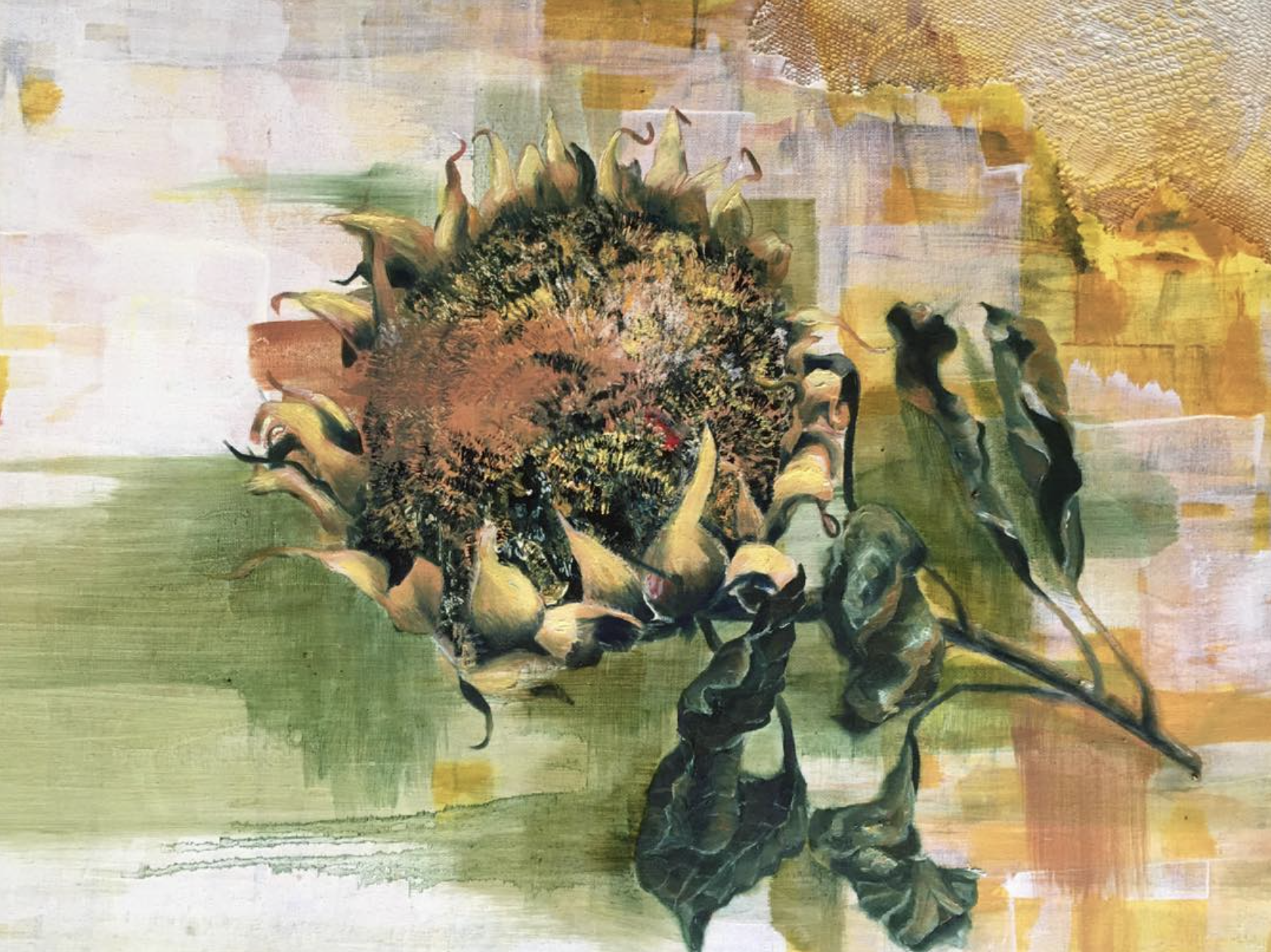 Gemälde eines Sonnenblumenstraußes mit Blüten und Blättern, in warmen Farbtönen, im impressionistischen Stil.