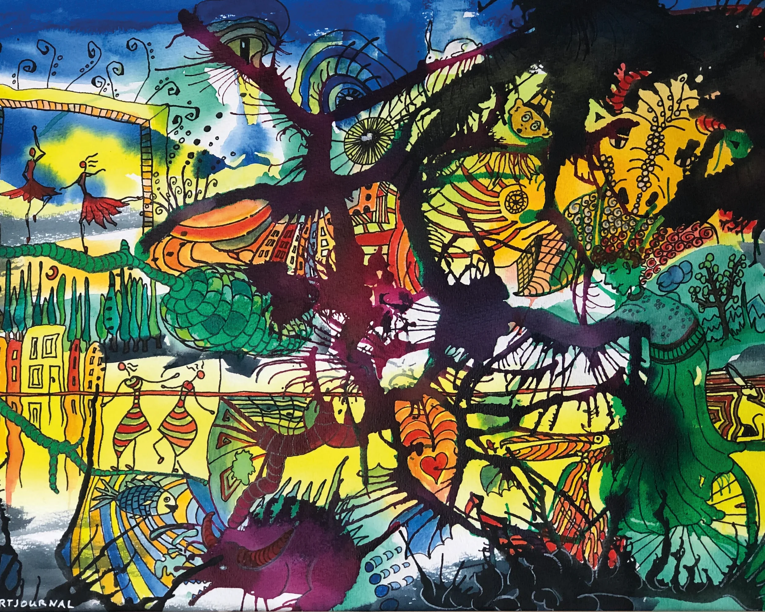 Buntes, abstraktes Gemälde mit Tieren, Pflanzen und fantasievollen Elementen in leuchtenden Farben, erkennbar sind Vögel, Schlangen, Bäume, Menschen und Gebäude im Stil eines fantasievollen Dschungels.