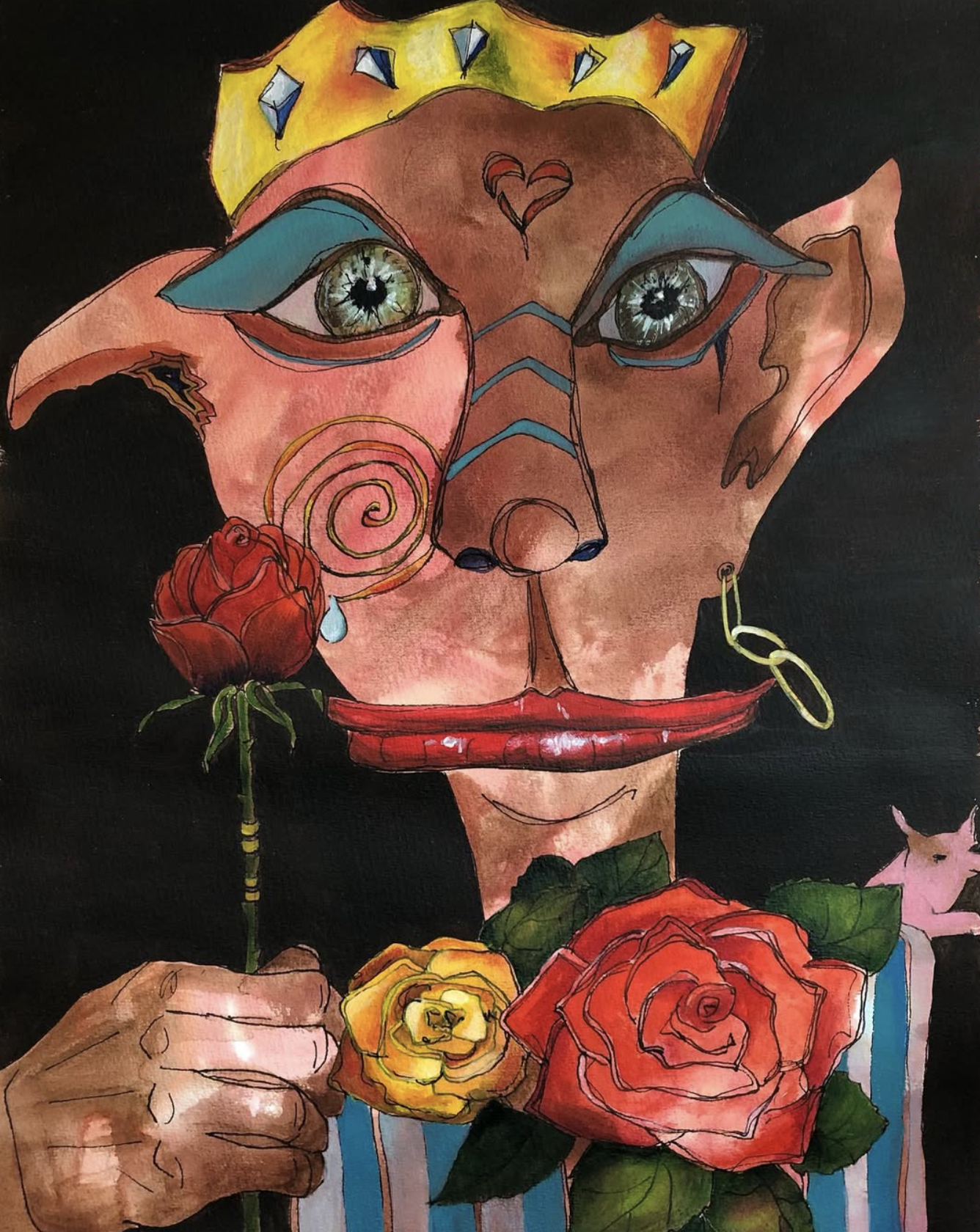 Künstlerische Illustration eines Menschengesichts mit großen grünen Augen, bunten geometrischen Mustern, Blumen und einer Herzlinie auf der Stirn, mit einem schwarzen Hintergrund.