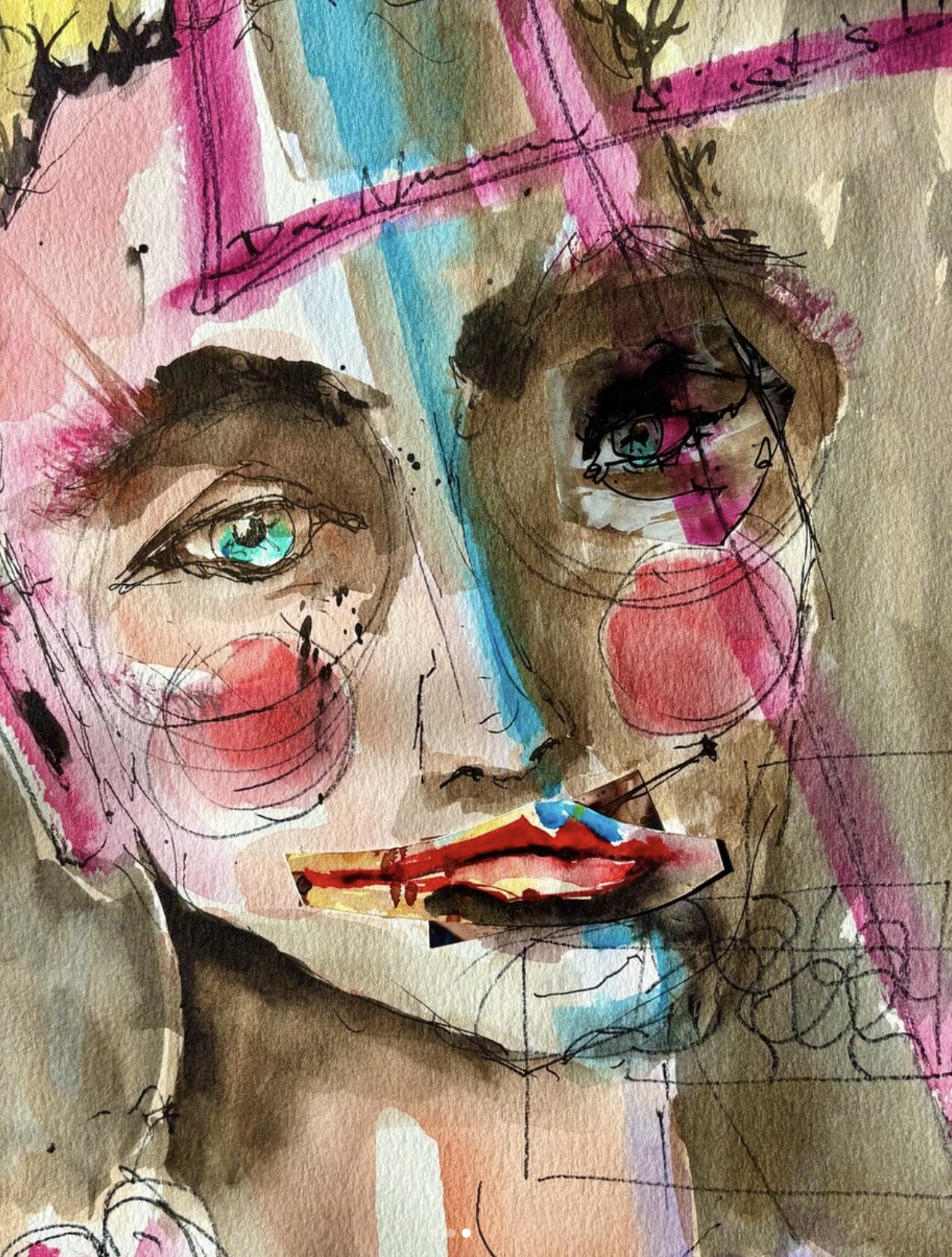 Abstraktes, farbenfrohes Kunstwerk mit zwei Frauenporträts, eine mit blauerem Auge und die andere mit braunem, beide mit roten Bäckchen und Lippen, in einem lockeren, skizzenhaften Stil, kombiniert mit Wasserfarben und Tinte.