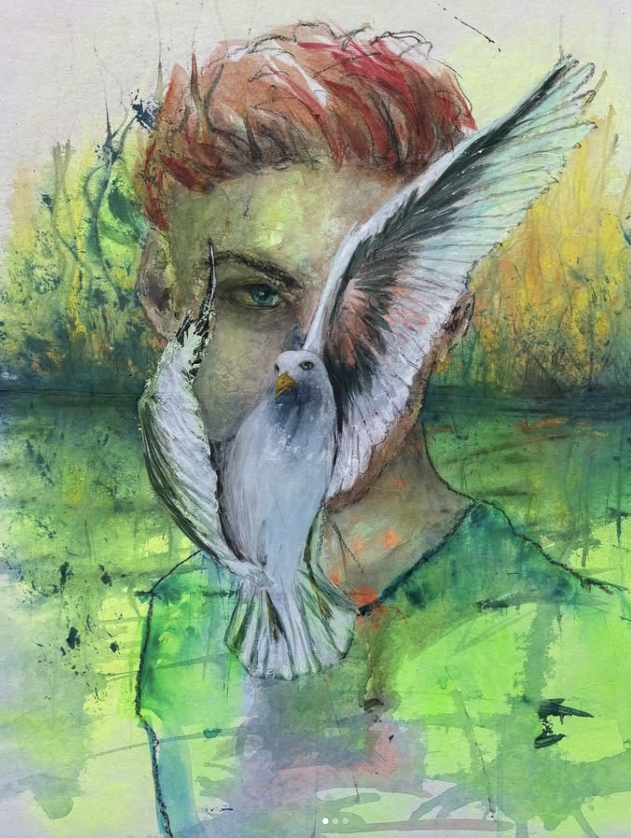 Abstraktes Gemälde eines Menschen mit roten Haaren, teilweise verdeckt durch eine weiße Krähe mit schwarzem Flügel. Der Hintergrund ist grün und gelb.