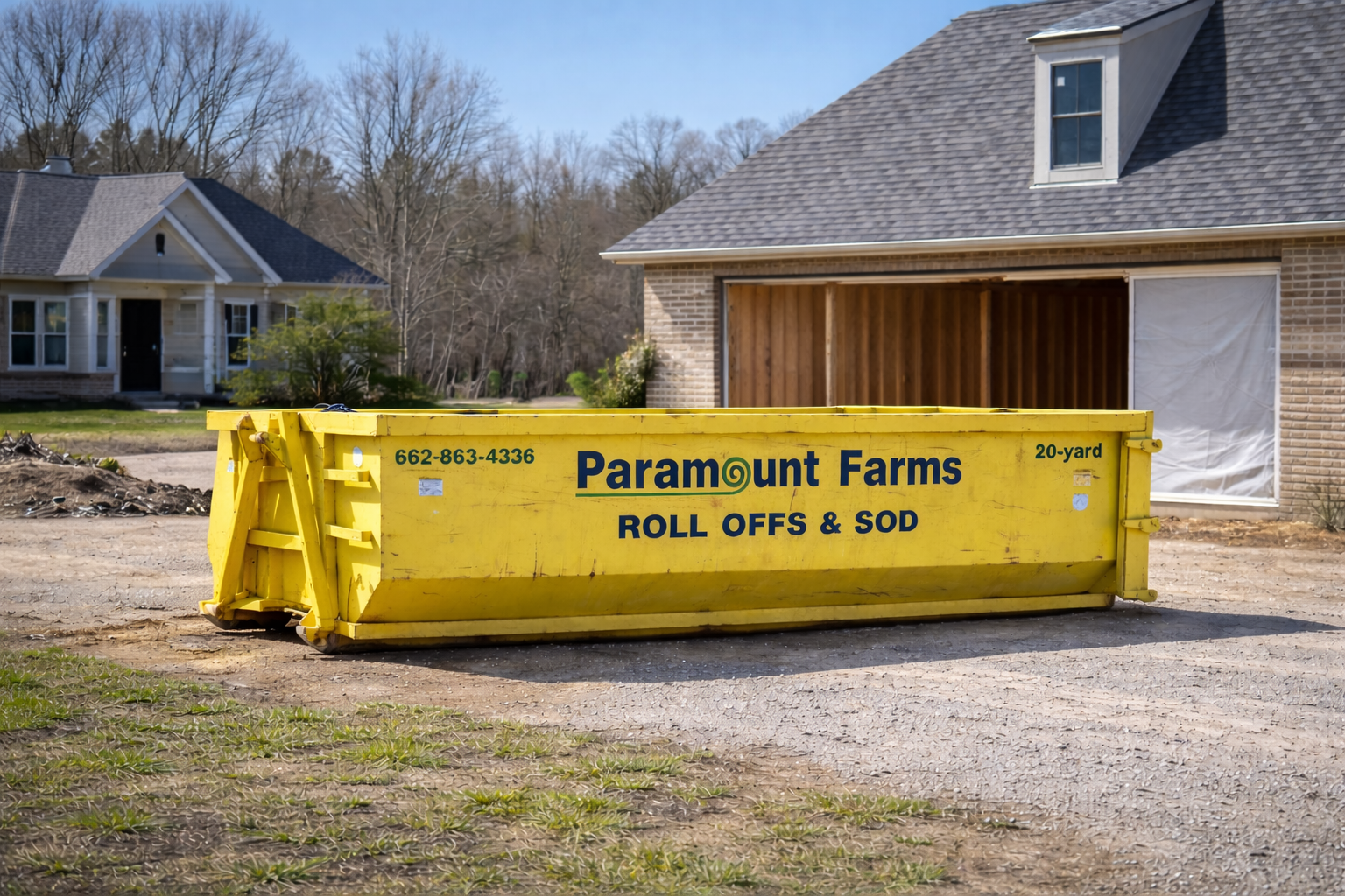 new construction job A yellow dumpster labeled 'Paramount Farms' with text 'ROLL OFFS & SOD' on a construction site in front of a house.