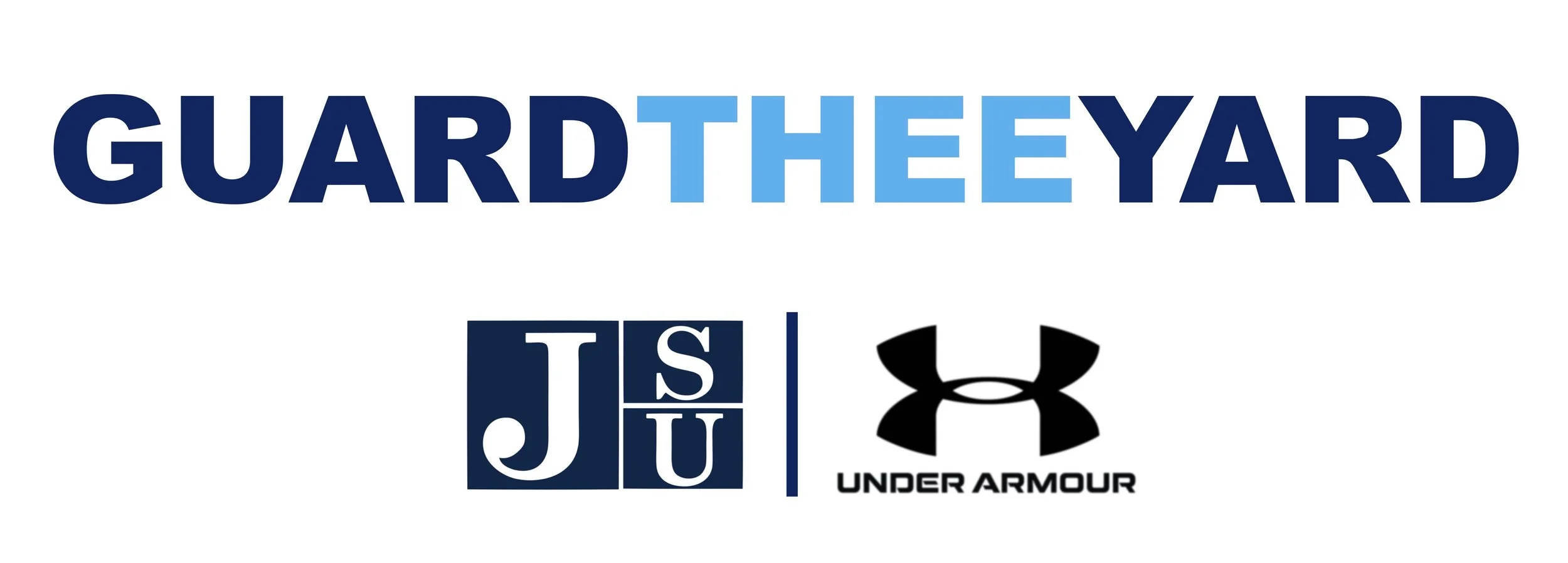 Logo for Guard Thee Yard, featuring JSU and Under Armour branding with text in navy blue, black, and white.
