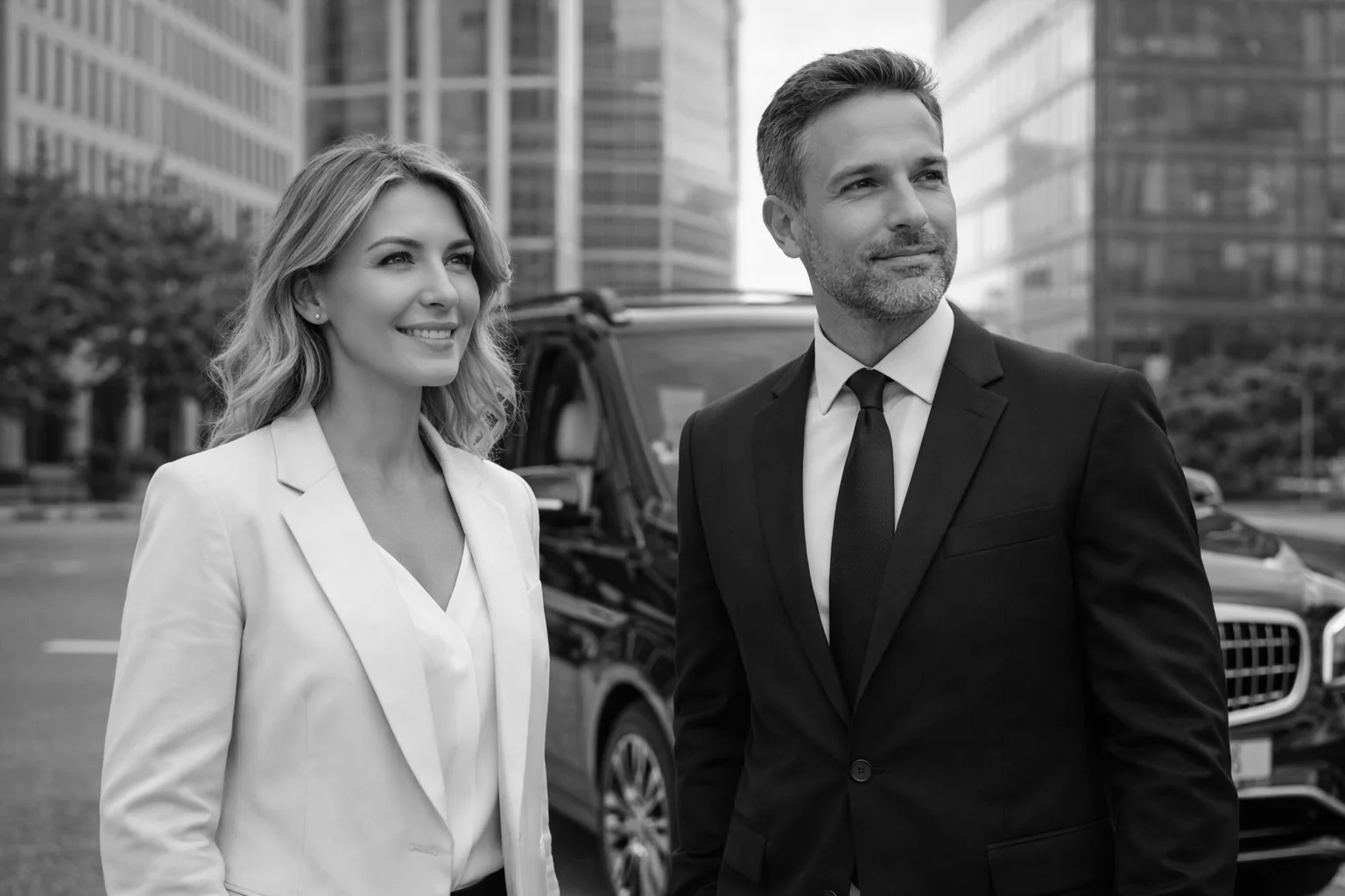 A black and white photo of a man and woman in business attire standing outdoors in an urban area with tall office buildings in the background. The woman has blonde hair and is smiling, while the man has short hair and a beard, looking to the side.
