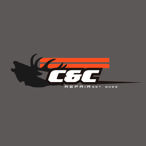 Logo for C&C Repair featuring a black silhouette of a panther, three orange horizontal stripes, and white text reading 'C&C Repair Est. 2023' on a gray background.