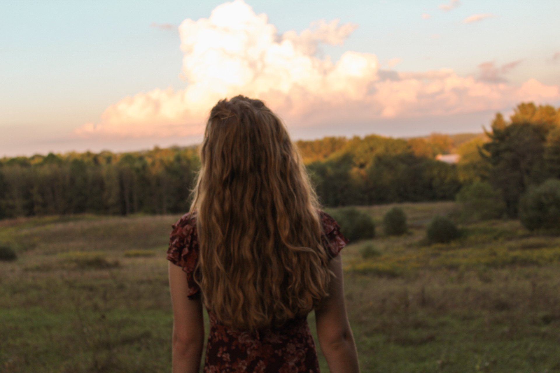 A person with long, wavy blonde hair standing outdoors, facing away, looking at a scenic landscape of trees and a sky with large clouds at sunset.