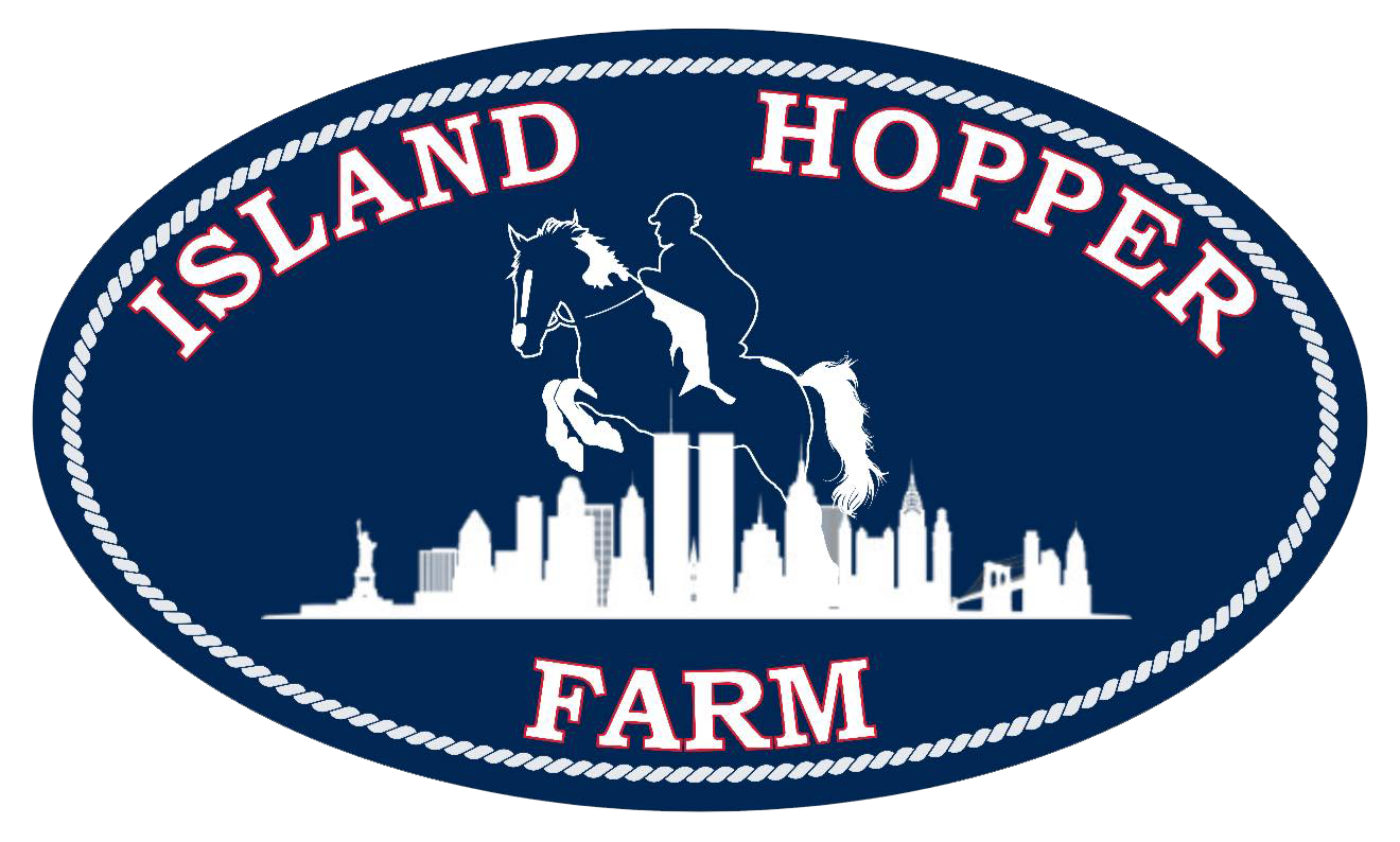 Logo of Island Hopper Farm featuring a silhouette of a person riding a horse with a cityscape below, surrounded by a rope border, and text that reads "Island Hopper Farm."